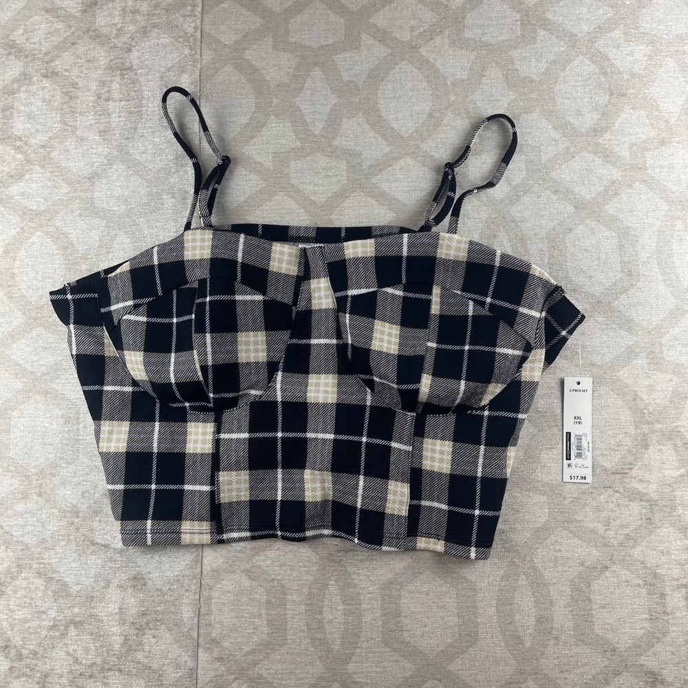No Boundaries Plaid Bustier Crop Top Women XXL Black Tan NWT Sweetheart Strappy